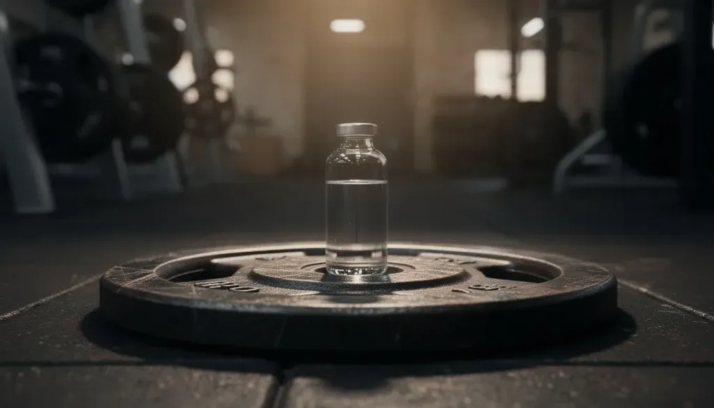 Vial de Deca Durabolin (Nandrolona) sobre un disco de pesas en el gimnasio