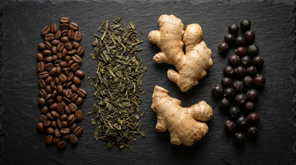 Ingredientes naturales de Gynectrol como raíz de jengibre, granos de café y té verde.