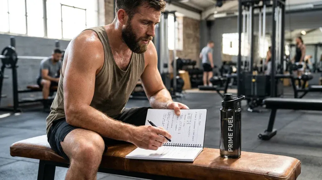 Atleta natural revisando su rutina de hipertrofia junto a su suplemento en el gimnasio.