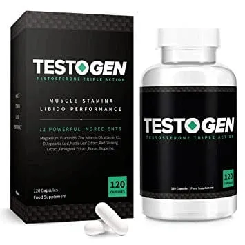Ingredientes naturales de Testogen, incluyendo extracto de fenogreco y raíz de ginseng, rodeando el frasco del suplemento.