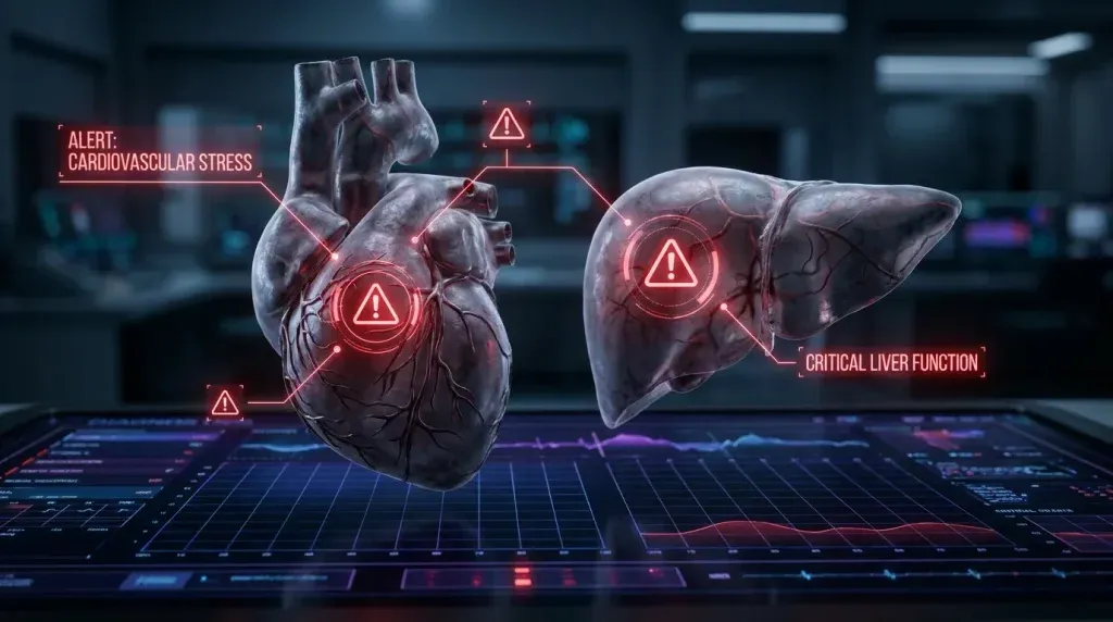 Modelo anatómico 3D de un corazón y un hígado humanos advirtiendo sobre los riesgos médicos del Turinabol.